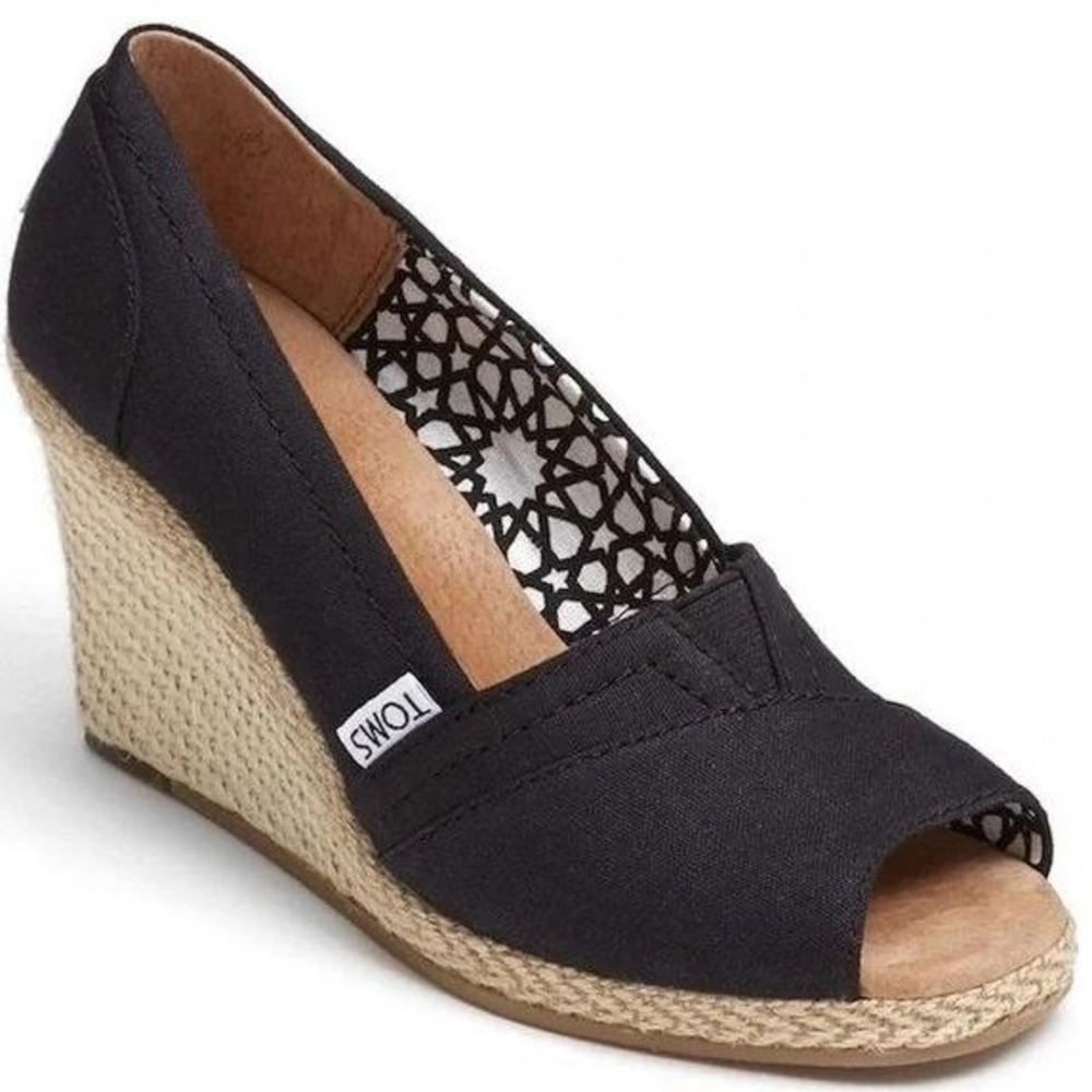 Toms Women Black Canvas Espadrille Wedge Peep Toe Shoes Size 9.5